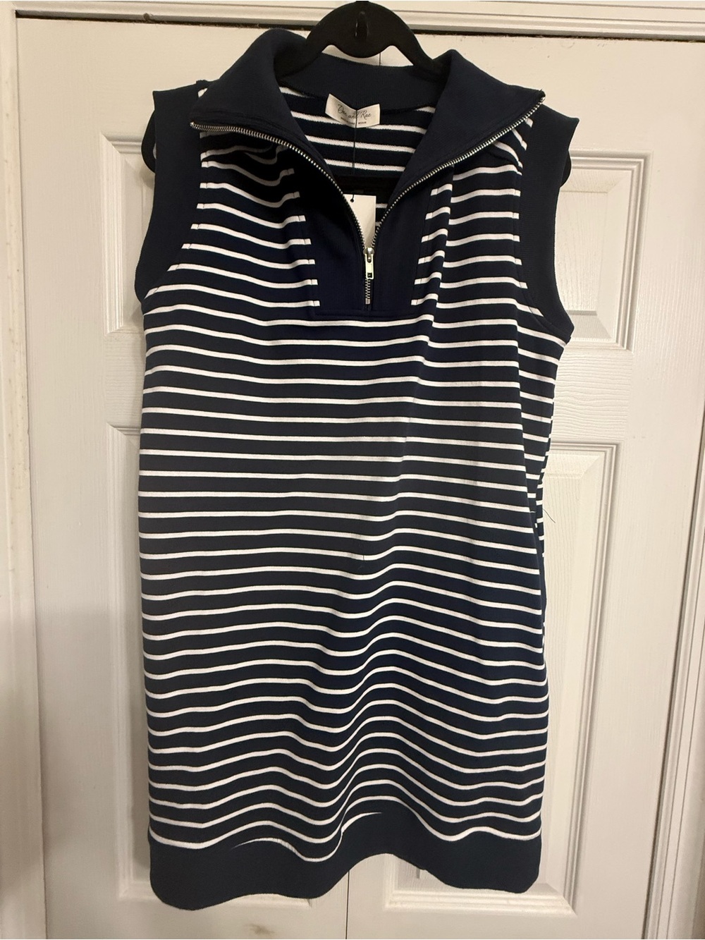 Doe & Rae Navy and White Striped Zip-Front Midi Dress